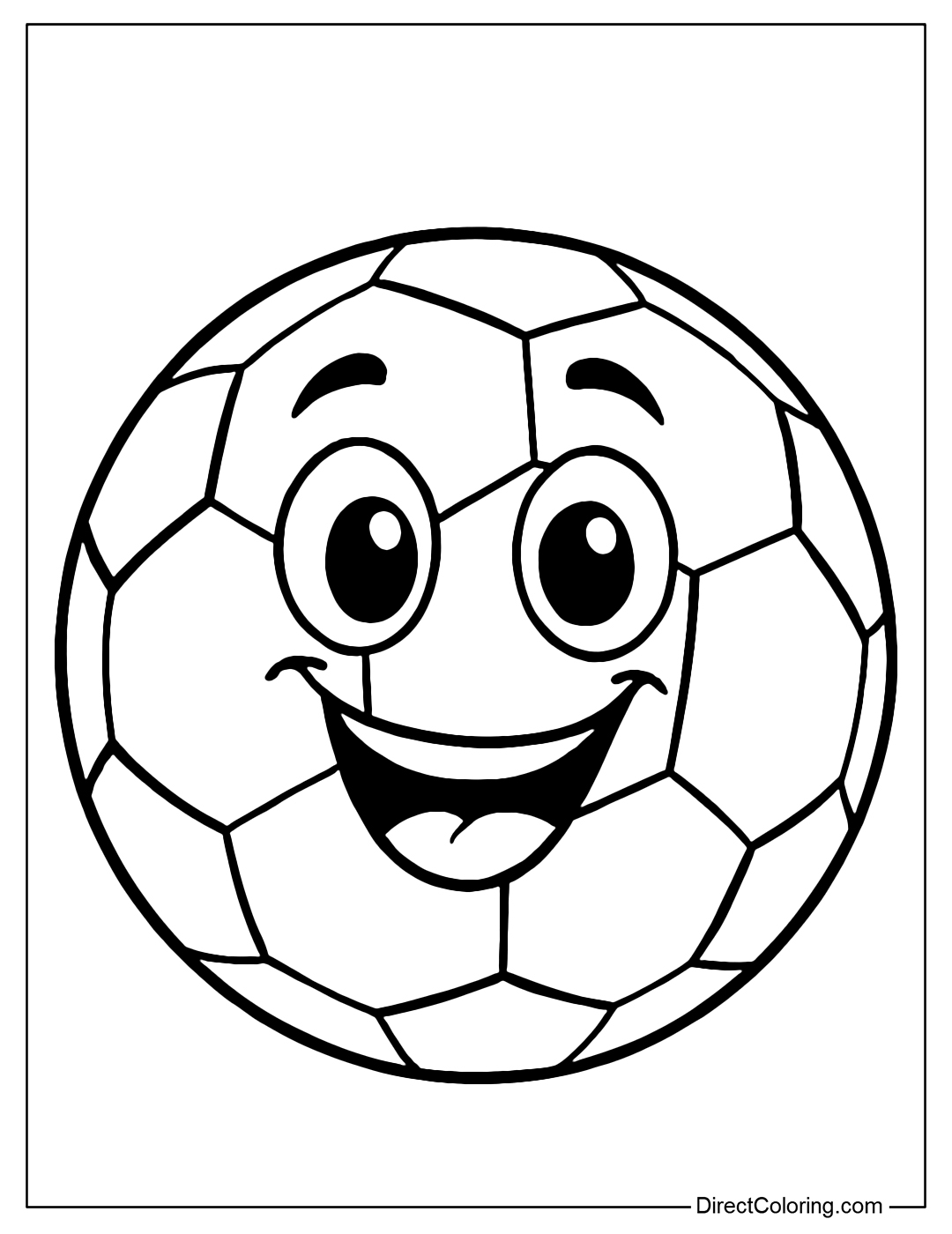 Soccer ball coloring page with a smiling face and big round eyes. The ball is in a small grass field, with a fence and butterflies flying.